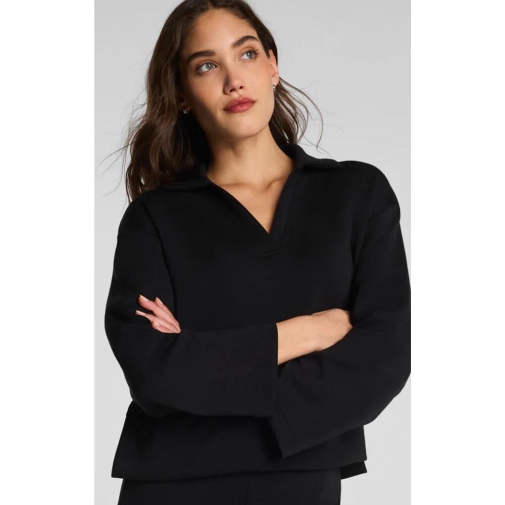 SPANX Air Essential XL Polo V Neck LS Soft Sweatshirt Pullover Top Black